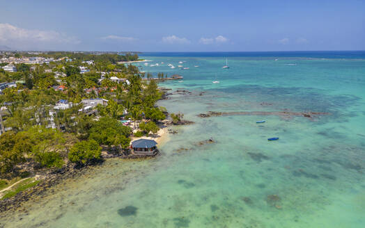 Aerial view of beach and turquoise water at Le Clos Choisy, Mauritius, Indian Ocean, Africa - RHPLF31530