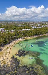 Aerial view of coastline, beach and turquoise water at Cap Malheureux, Mauritius, Indian Ocean, Africa - RHPLF31535