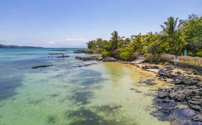 Aerial view of coastline, beach and turquoise water at Cap Malheureux, Mauritius, Indian Ocean, Africa - RHPLF31536