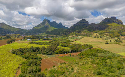 Aerial view of Long Mountain and fields at Long Mountain, Mauritius, Indian Ocean, Africa - RHPLF31537