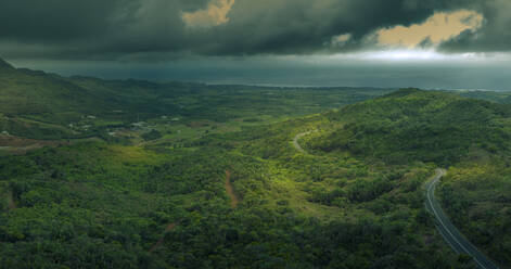 Aerial view of road through Black River Gorges National Park, Mauritius, Indian Ocean, Africa - RHPLF31542