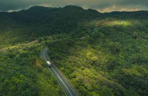 Luftaufnahme einer Straße durch den Black River Gorges National Park, Mauritius, Indischer Ozean, Afrika - RHPLF31544