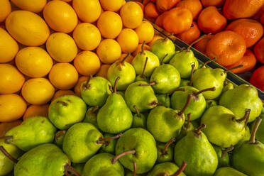 Blick auf Obst und Gemüse, darunter Birnen und Orangen, an einem Marktstand auf dem Zentralmarkt in Port Louis, Port Louis, Mauritius, Indischer Ozean, Afrika - RHPLF31632