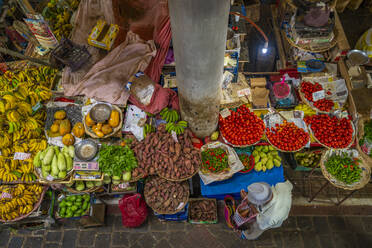 View of food produce and market stalls in Central Market in Port Louis, Port Louis, Mauritius, Indian Ocean, Africa - RHPLF31639