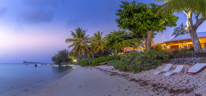 View of beach house at dusk in Cap Malheureux, Mauritius, Indian Ocean, Africa - RHPLF31641