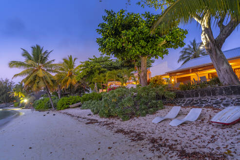 View of beach house at dusk in Cap Malheureux, Mauritius, Indian Ocean, Africa - RHPLF31648