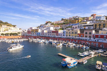 The fishing harbour of the island of Ponza with typical colorful houses on sea front, Ponza island, Pontine archipelago, Latina province, Tyrrhenian Sea, Latium (Lazio), Italy Europe - RHPLF31910