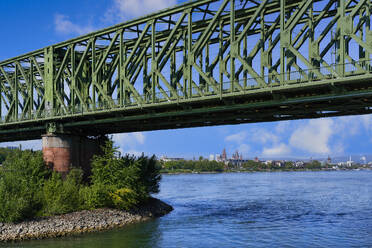 View to Mainz city center, Historic railway south bridge crossing the Rhine River, Mainz, Rhineland-Palatinate, Germany, Europe - RHPLF32068