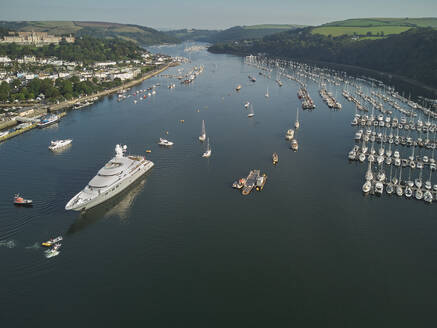 An aerial view of the estuary of the River Dart, with the towns of Dartmouth on the left and Kingswear on the right, south coast of Devon, England, United Kingdom, Europe - RHPLF32110