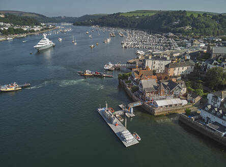 An aerial view of the estuary of the River Dart, with the towns of Dartmouth on the left and Kingswear on the right, on the south coast of Devon, England, United Kingdom, Europe - RHPLF32121