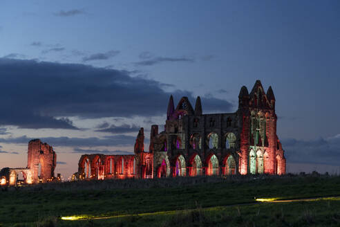 Whitby Abbey beleuchtet im Oktober 2023, Die Küste von Yorkshire, Whitby, Yorkshire, England, Vereinigtes Königreich, Europa - RHPLF32162