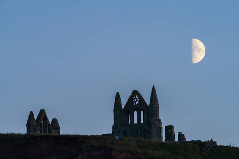 Half moon rising over Whitby Abbey in mid-October 2023, North Yorkshire coast, Whitby, Yorkshire, England, United Kingdom, Europe - RHPLF32167