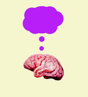 Gedankenblase über dem Gehirn vor gelbem Hintergrund - GWAF00476