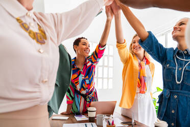 Eine Gruppe schöner, selbstbewusster Geschäftsfrauen trifft sich im Büro - Ein vielköpfiges weibliches Kreativteam beim Brainstorming - Unterschiedliche Kollegen arbeiten in einem Workshop in einem Co-Working Space zusammen - DMDF09659