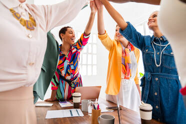 Eine Gruppe schöner, selbstbewusster Geschäftsfrauen trifft sich im Büro - Ein vielköpfiges weibliches Kreativteam beim Brainstorming - Unterschiedliche Kollegen arbeiten in einem Workshop in einem Co-Working Space zusammen - DMDF09793