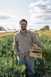 Smiling farmer with hand in pocket holding crate of leafy greens in farm - VPIF09278