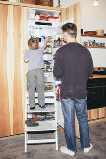 Junge sucht im Kühlschrank, während er mit seinem Vater zu Hause in der Küche steht - MASF42548