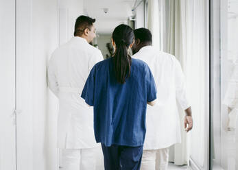 Rückansicht eines multirassischen Gesundheitsteams auf dem Flur eines Krankenhauses - MASF42569