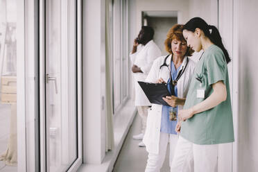 Älterer weiblicher Arzt, der mit einer Krankenschwester über eine Akte diskutiert, während er im Krankenhauskorridor steht - MASF42585