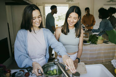 Glückliche Freundinnen bereiten in der Küche zu Hause gemeinsam das Abendessen vor - MASF42883