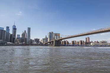 USA, New York State, New York City, Brooklyn Bridge with Manhattan skyline in background - NGF00820