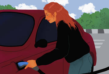 Woman charging electric car at roadside vehicle charging station - FSIF06868