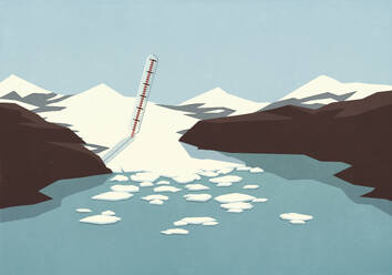 Thermometer im schmelzenden Gletscher, globale Erwärmung - FSIF06881