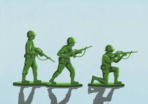Green soldier toys on blue background - FSIF06883