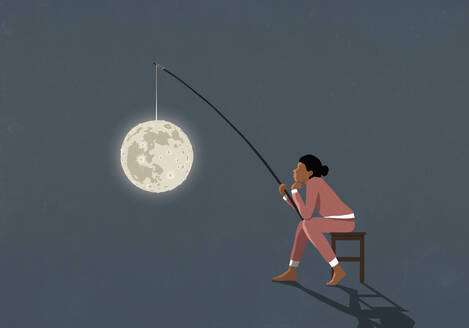 Woman in pajamas with full moon on fishing pole, suffering insomnia - FSIF06886