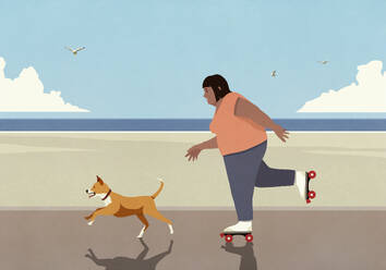 Overweight woman roller skating with dog on sunny beach boardwalk - FSIF06891