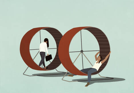 Exhausted businesswoman on hamster wheel next to carefree woman on hamster wheel - FSIF06892