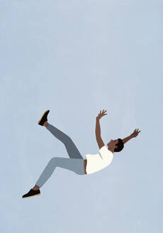 Man falling midair against blue sky - FSIF06909