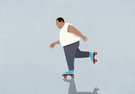 Overweight man roller skating on blue background - FSIF06912