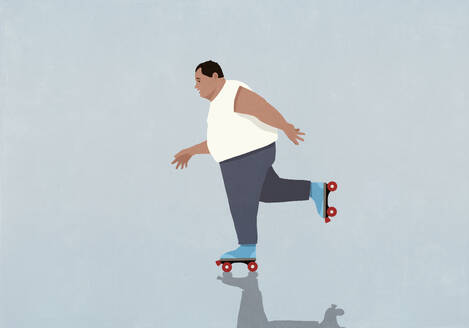 Übergewichtiger Mann beim Rollschuhlaufen auf blauem Hintergrund - FSIF06912