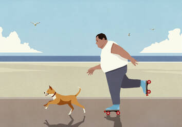 Overweight man roller skating with dog on beach boardwalk - FSIF06922