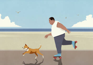 Übergewichtiger Mann auf Rollschuhen mit Hund auf der Strandpromenade - FSIF06922