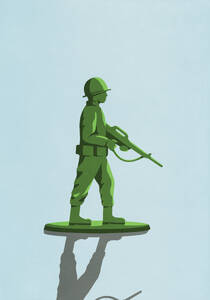 Green soldier with rifle toy on blue background - FSIF06927
