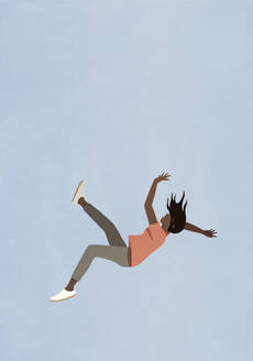 Woman falling midair against blue sky - FSIF06930