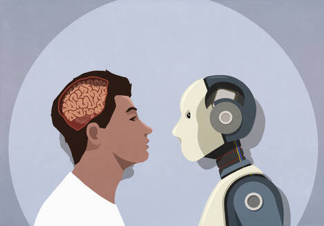 Robot and man with exposed brain face to face in spotlight, human vs artificial intelligence - FSIF06957