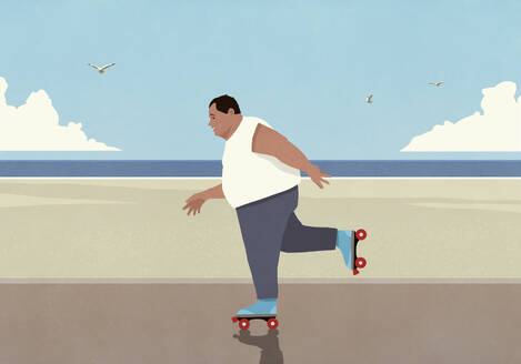 Overweight man roller skating on sunny beach boardwalk - FSIF06972