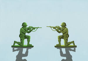 Toy soldiers with rifles face to face on blue background - FSIF06983