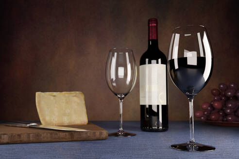 3D render of cheese board, wineglasses and bottle of red wine - VTF00676