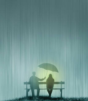 Ehepaar sitzt bei starkem Regen auf einer Bank - GWAF00488