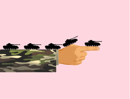 Illustration of military tanks driving along oversized pointing hand - GWAF00495