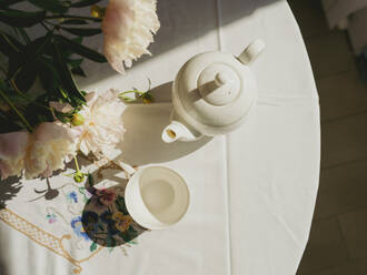 Porzellan Teekanne und Tasse in der Nähe von Blumen auf dem Tisch - IEF00525