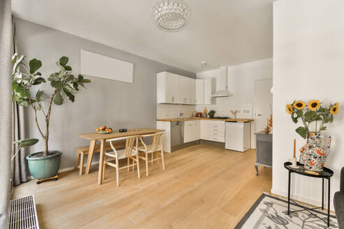 A bright, contemporary kitchen with white cabinetry, wooden dining table, and decorative plants enhancing the welcoming atmosphere. - ADSF52926