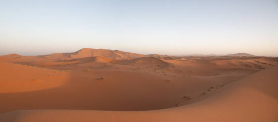 A tranquil sunrise over the rolling sand dunes of Erg Chebbi in the Moroccan Merzouga desert near Fez city, showcasing the natural beauty of the Sahara. - ADSF52934