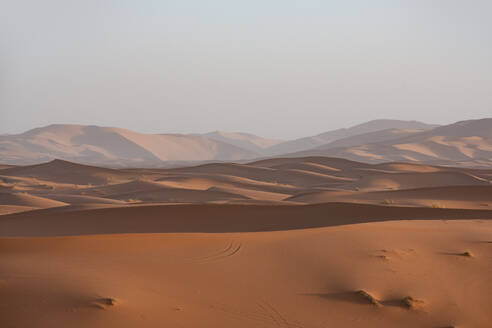 Ein ruhiger Blick auf die sanft geschwungenen Dünen von Erg Chebbi in der marokkanischen Wüste Merzouga in der Abenddämmerung. - ADSF52939