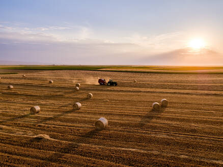 Traktor beim Pressen eines Weizenfeldes bei Sonnenuntergang - NOF00926