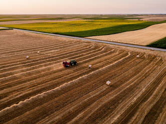 Traktor beim Pressen von Heu auf einem abgeernteten Weizenfeld - NOF00929
